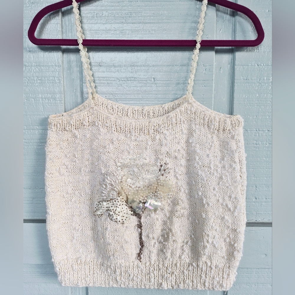 Cream Beaded Floral Knit Camisole Tank Top